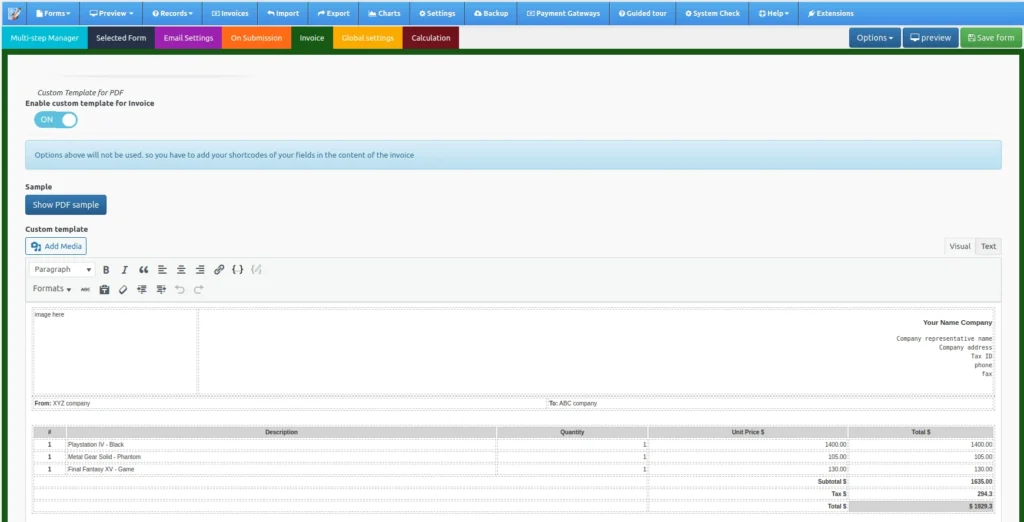 Invoice user interface of Cost estimation software