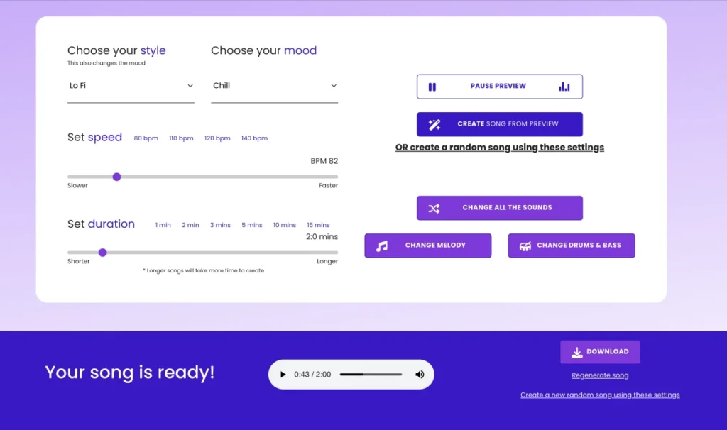 Customize the mood and style of your music feature UI of Larnii - AI Music Creator