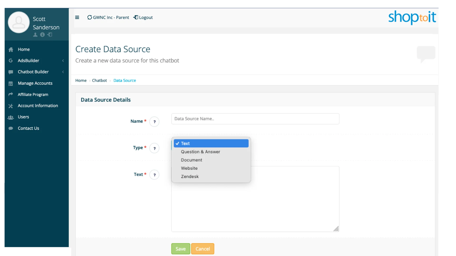 Create Data Source Feature Of QuickBot - Chatbot For Business