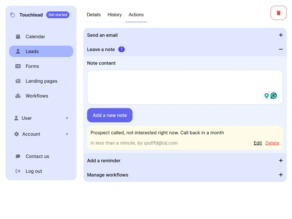 Notes Tracking Feature Of Touchlead - All-in-one marketing platform