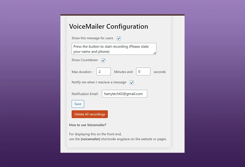 Configuration Panel Feature of VoiceMailer - WordPress Support Plugin