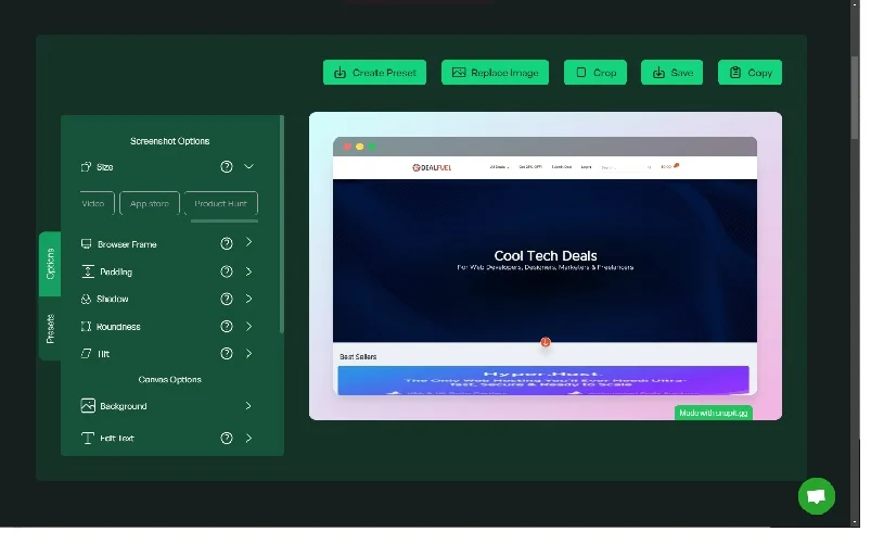 Screenshots options feature of screenshots4all