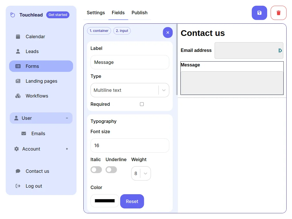 Web Forms Builder feature of Touchlead - All-In-One Marketing Platform