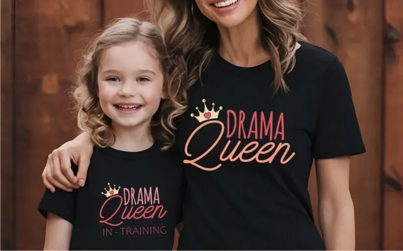 A preview of a design - drama queen printed on black t-shirts