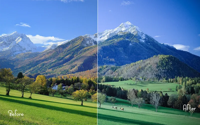 Preview of the PS actions applied on a beautiful image of greenfield