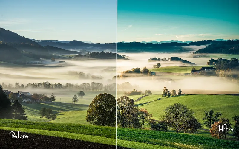 Preview of a greenfield image with PSD actions applied