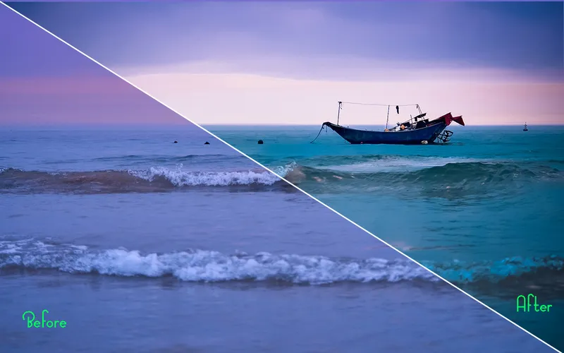 Preview of the PSD actions applied on a beautiful image of a ship in ocean