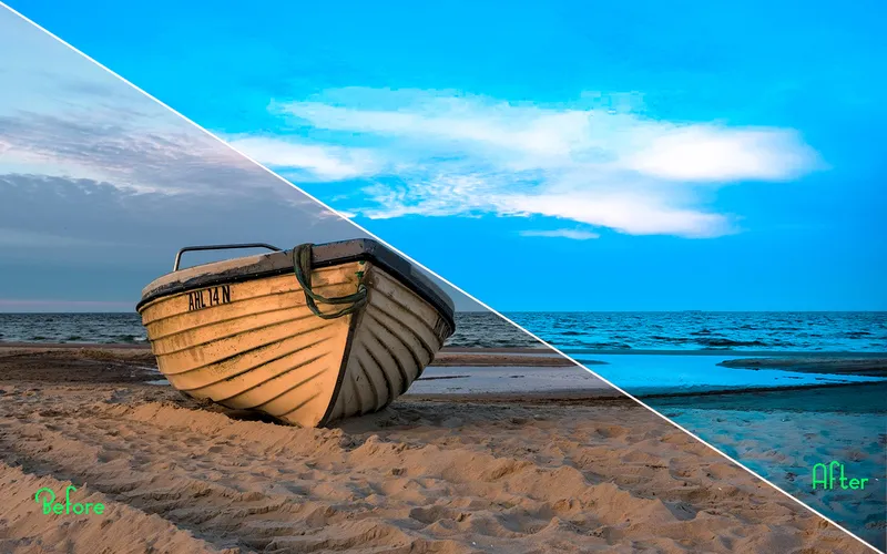 previews of PSD actions on an image of a boat