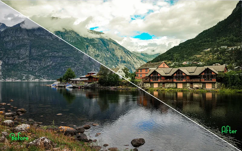 Preview of the PSD actions applied on a beautiful image of riverside houses