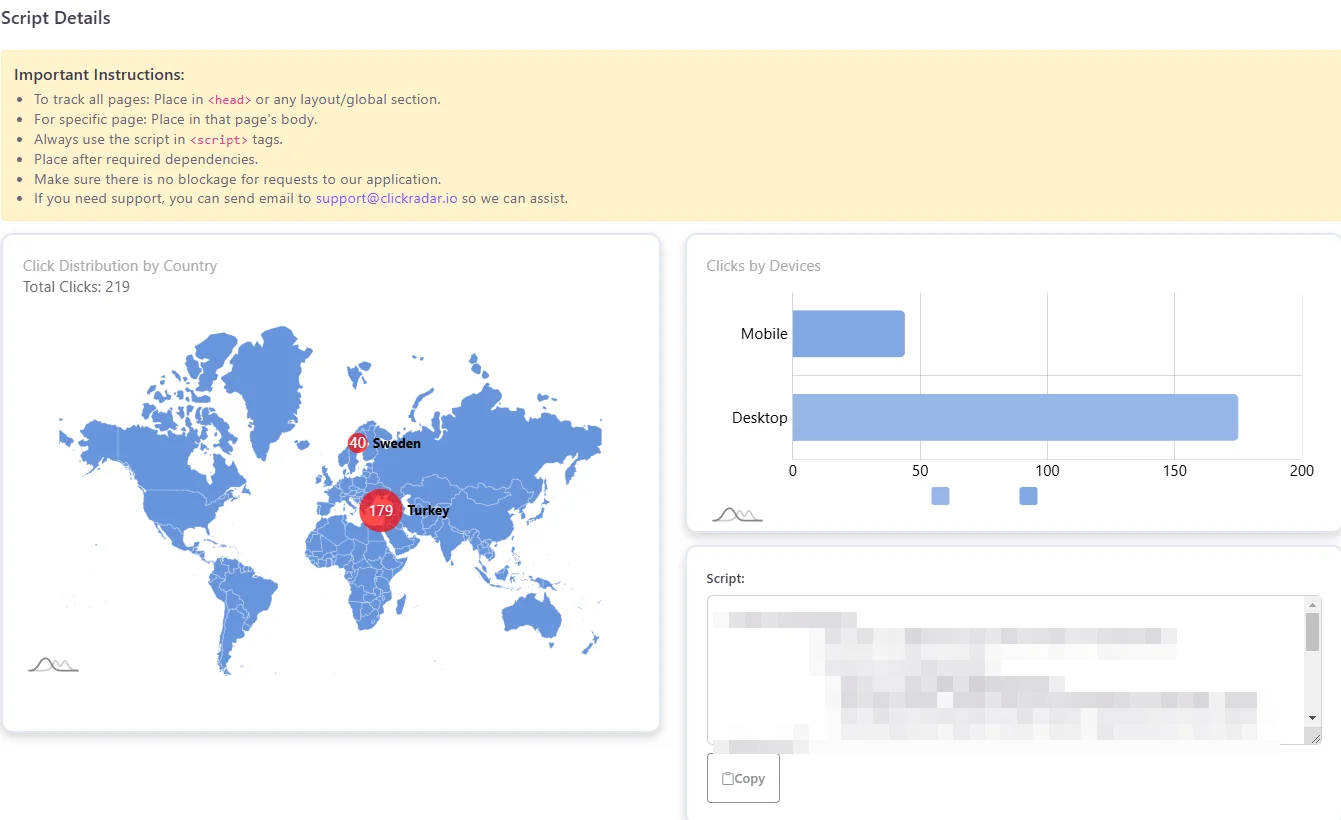 Script Details feature of ClickRadar