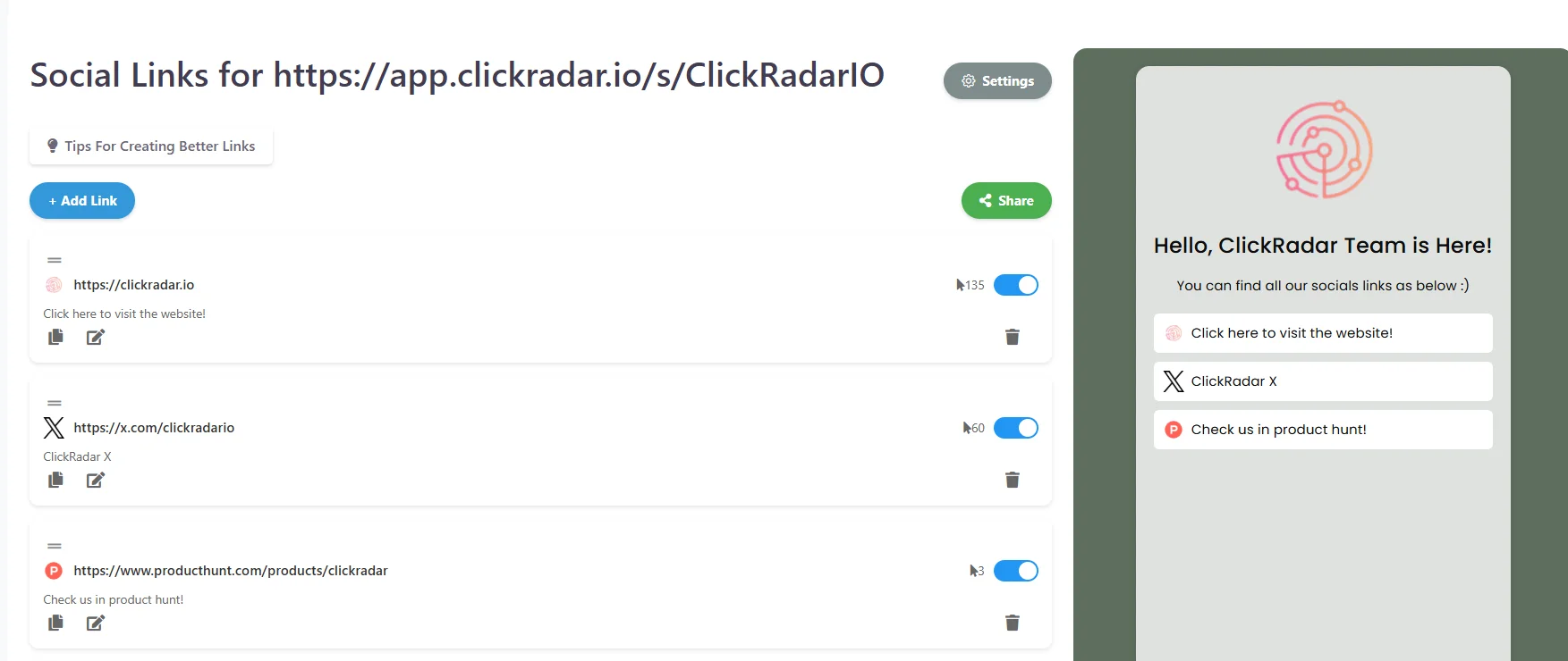 ClickRadar - Link Management Tool Social Links