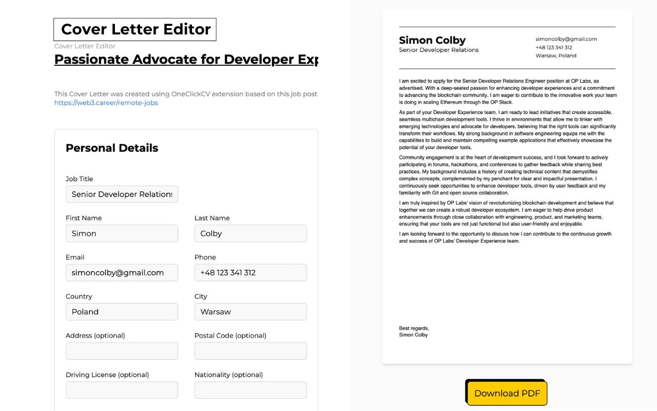 CV Editor OneClick CV - Online CV Builder