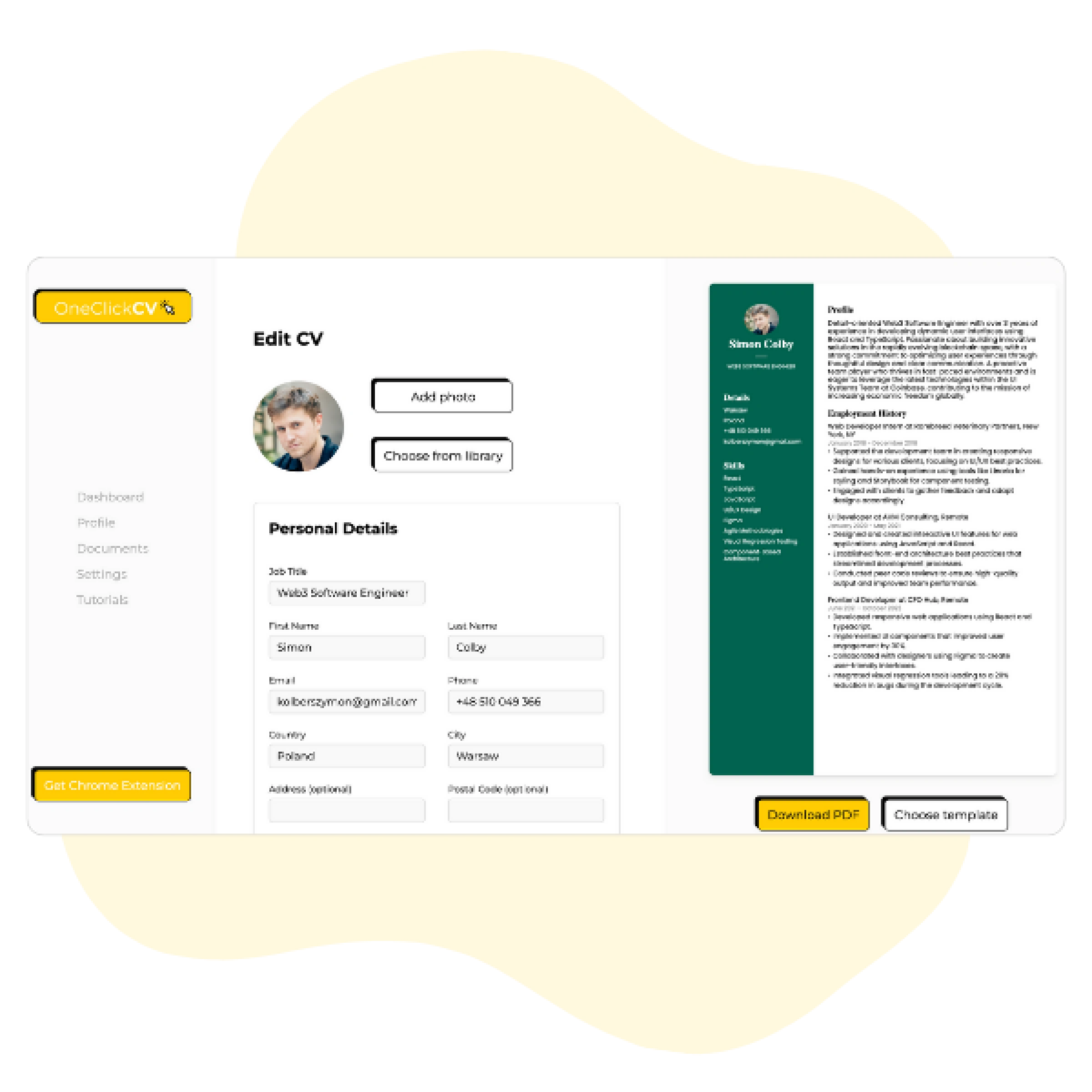 OneClickCV editor to easily edit CV's directly