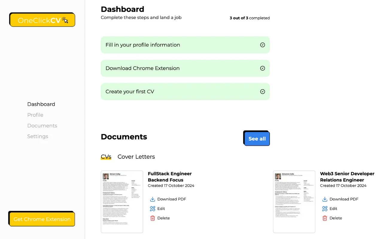 OneClickCV - Online CV Builder Dashboard UI