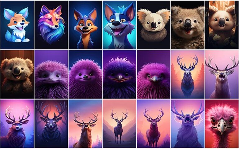 A collage of animated dog , bird and more