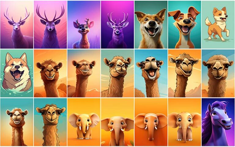 A collage of animated deer , elephant and more