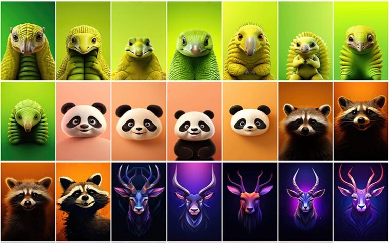 A collage of panda animated, reindeer and more