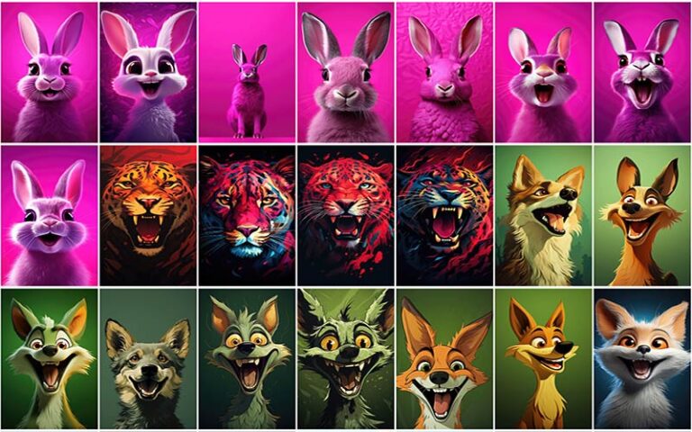 A collage of tiger cartoon, fox cartoon and more