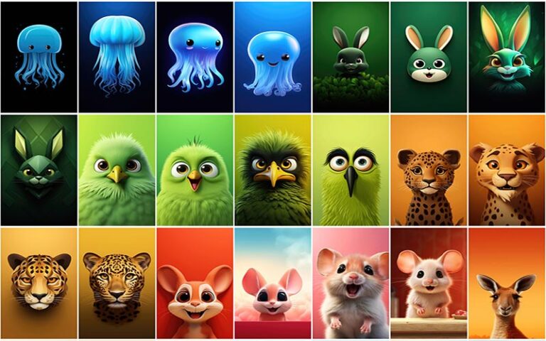 A collage of octopus cartoon, parrot cartoon and more