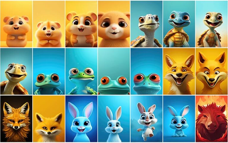 A collage of turtle cartoon, rabbit cartoon and more