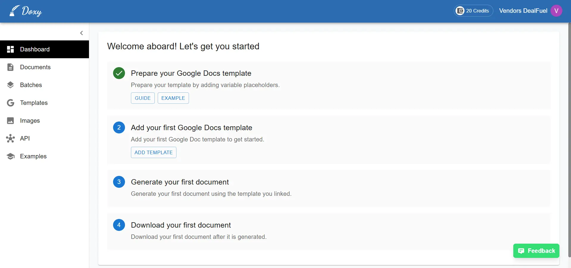 Doxy - Google Docs to PDF converter Dashboard user interface