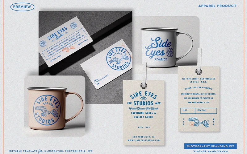 Templates printed on business cards, mugs and tags