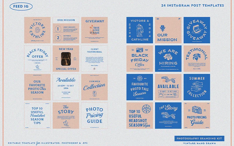 A preview of the Instagram post templates include in the bundle