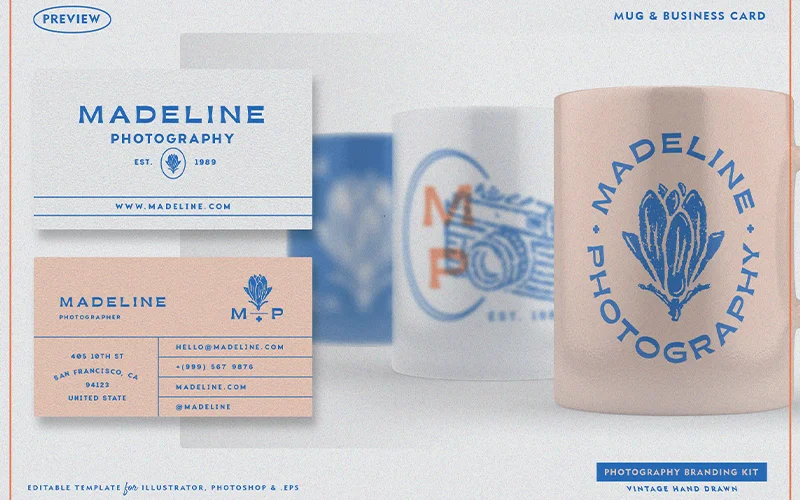 Branding templates include in the bundle printed on business cards and a mug.