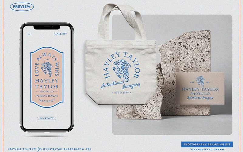 Various applications of the branding templates included in the bundle