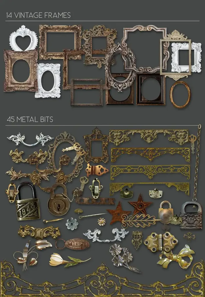 vintage frame images, metal illustrations, ephemera designs