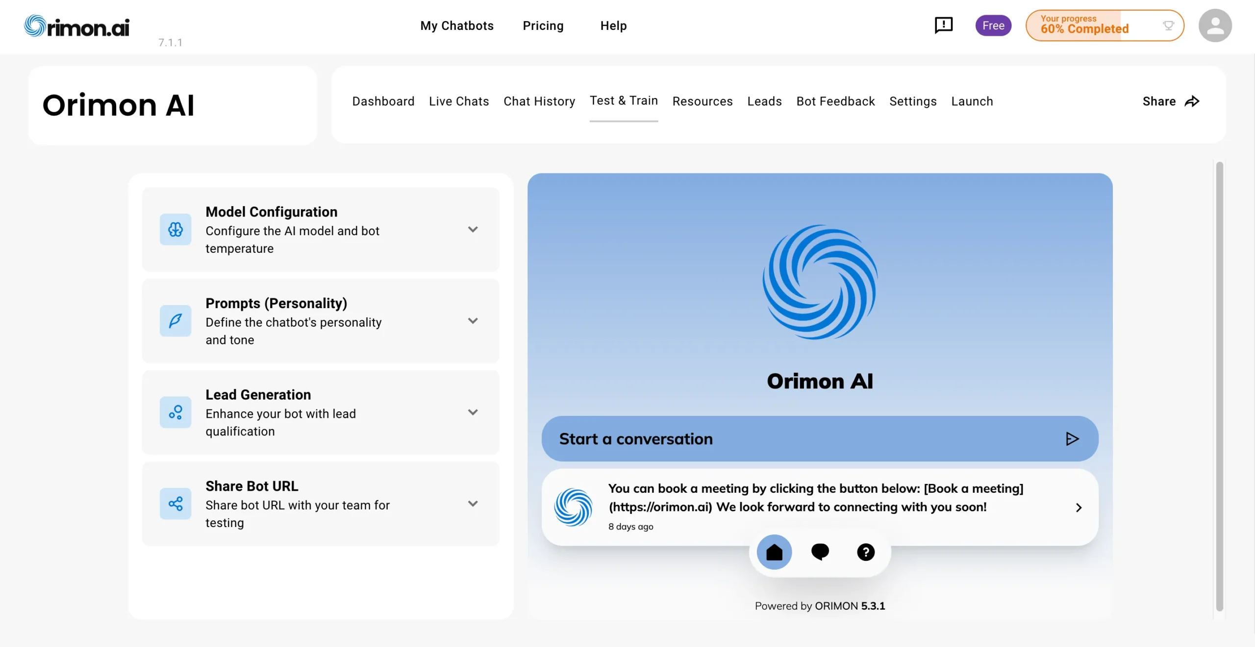 Features Of Orimon no code Chatbot