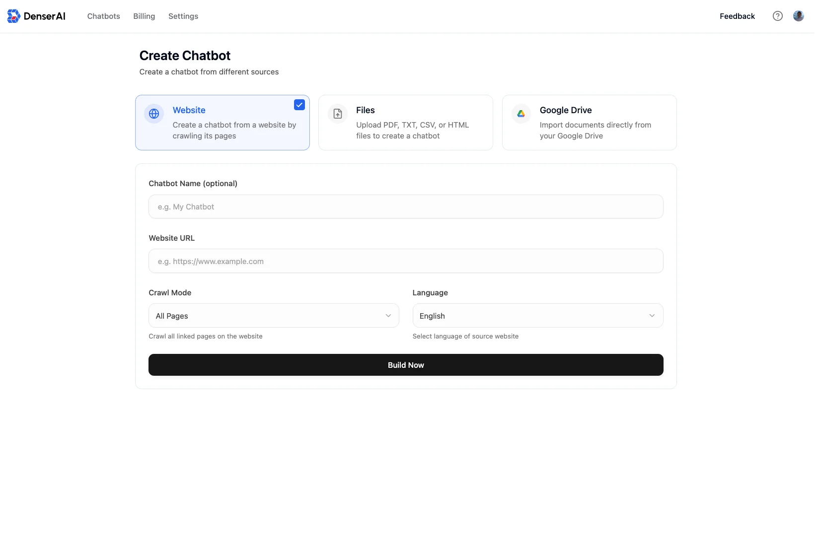 DenserAI - Build AI Chatbots User interface