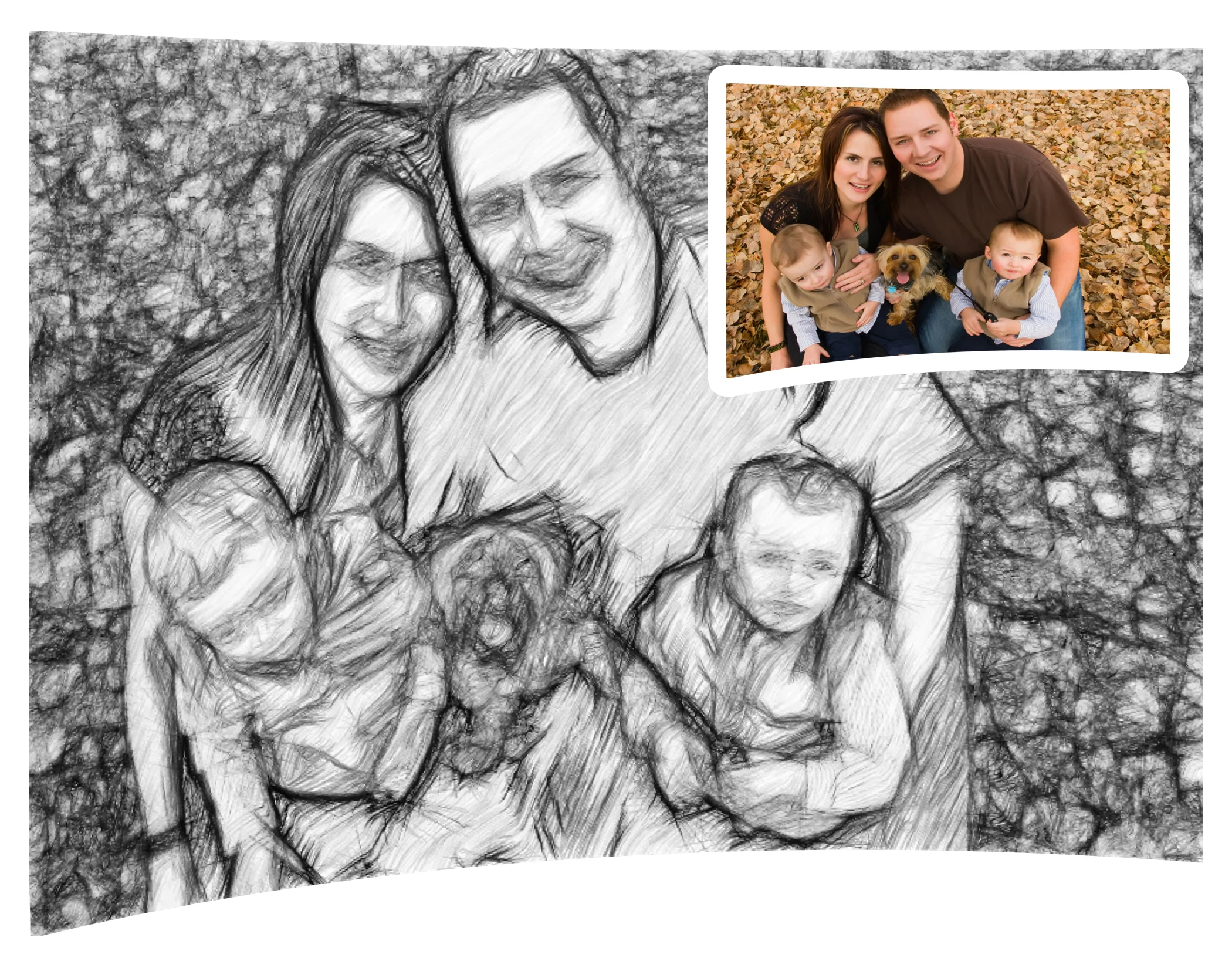 Before and after image of a couple with kids created into sketch