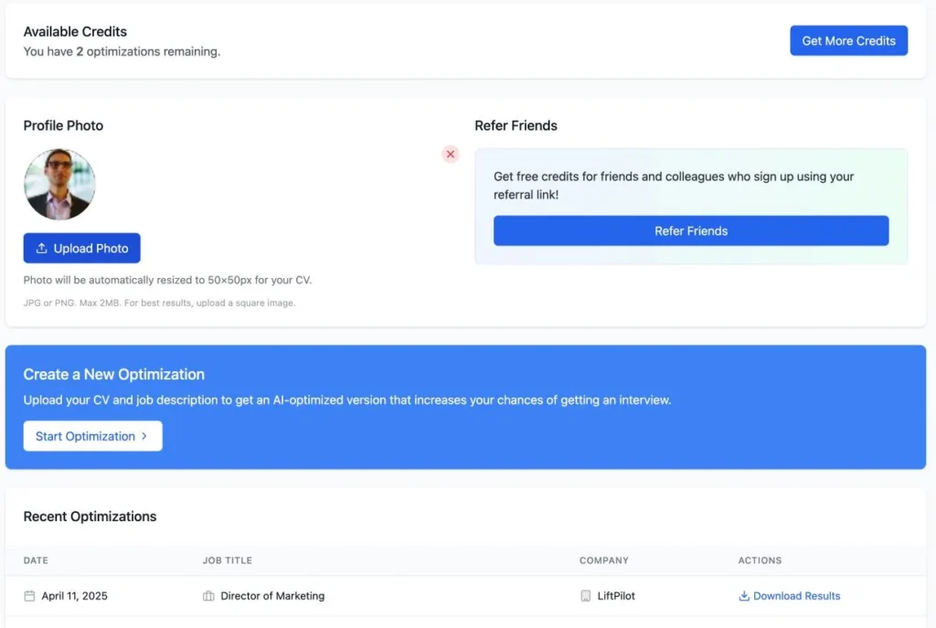 Dashboard Of MyCVBot - AI Resume Optimizer