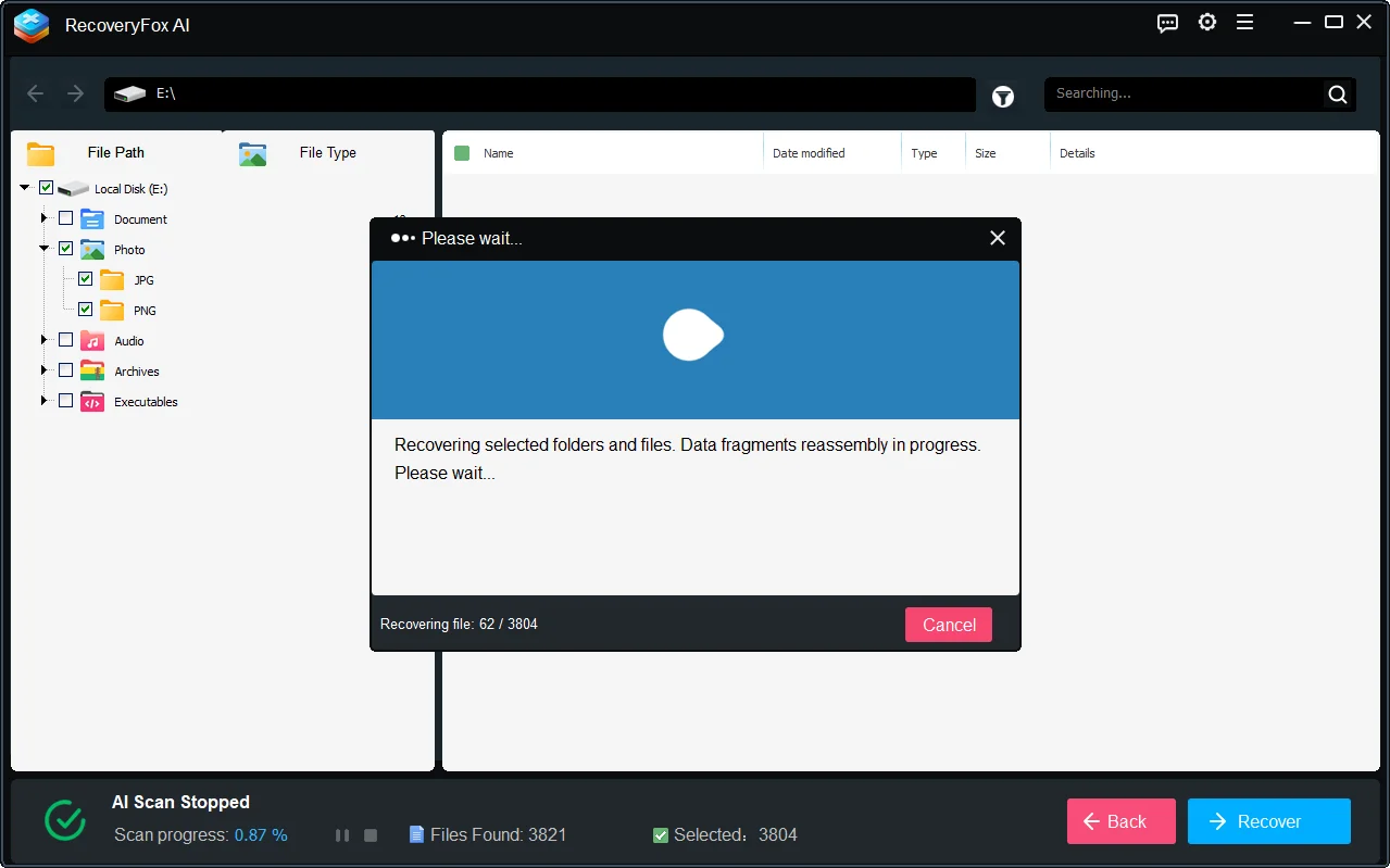 Recovering Files UI Of RecoveryFox