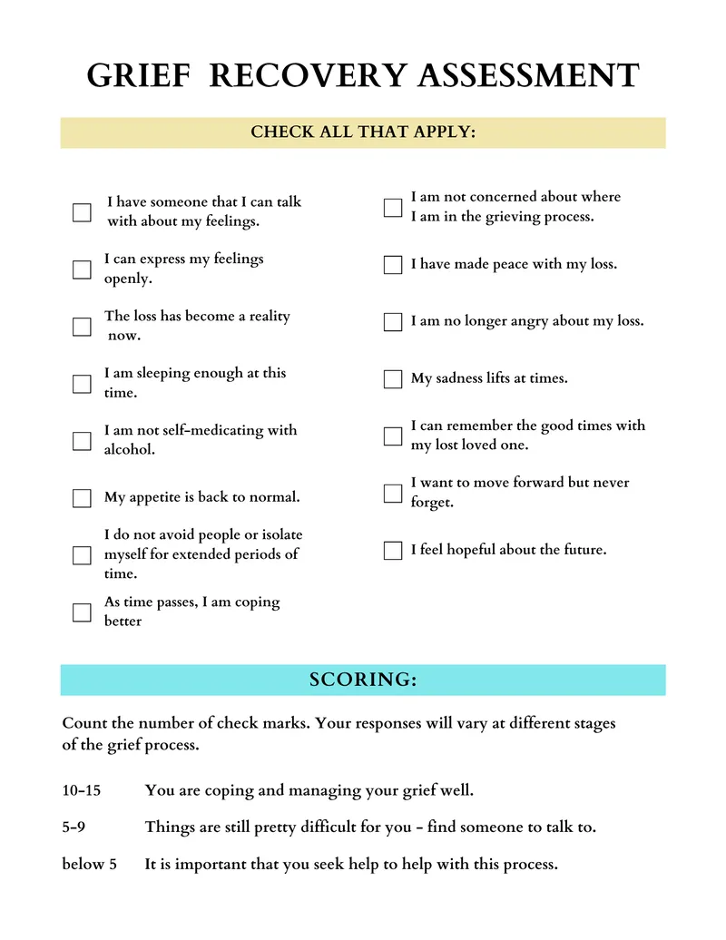 Mental Health Grief Recovery Assessment Template