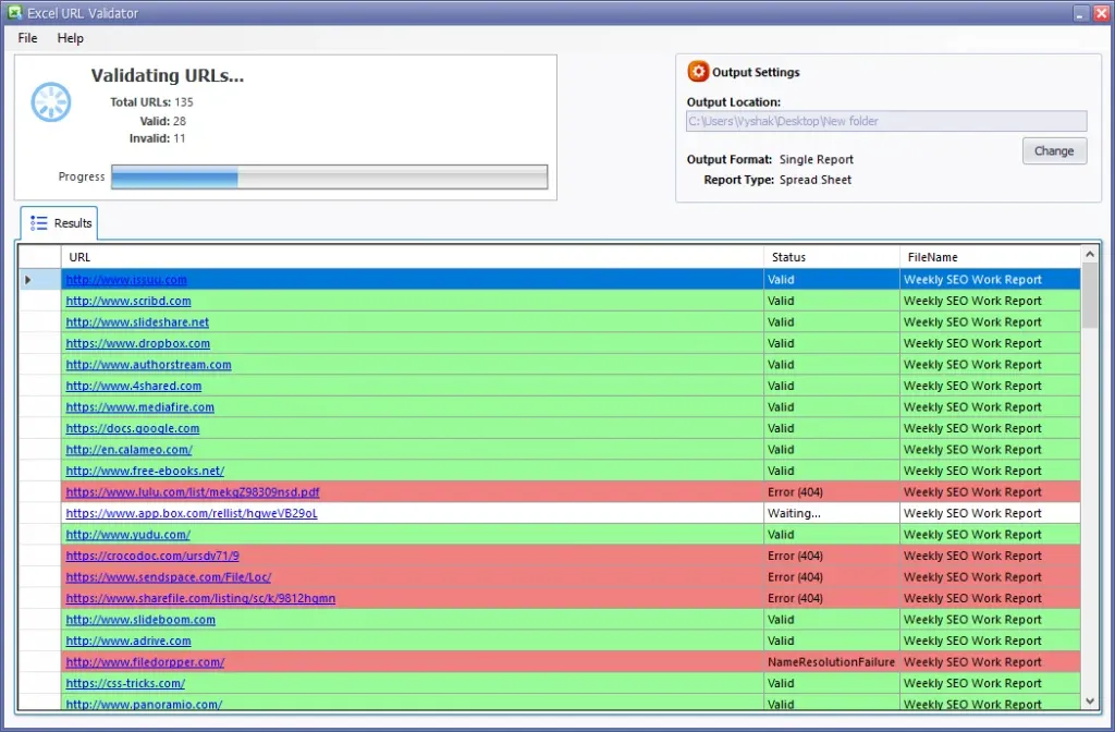 Interface of Excel URL Validator