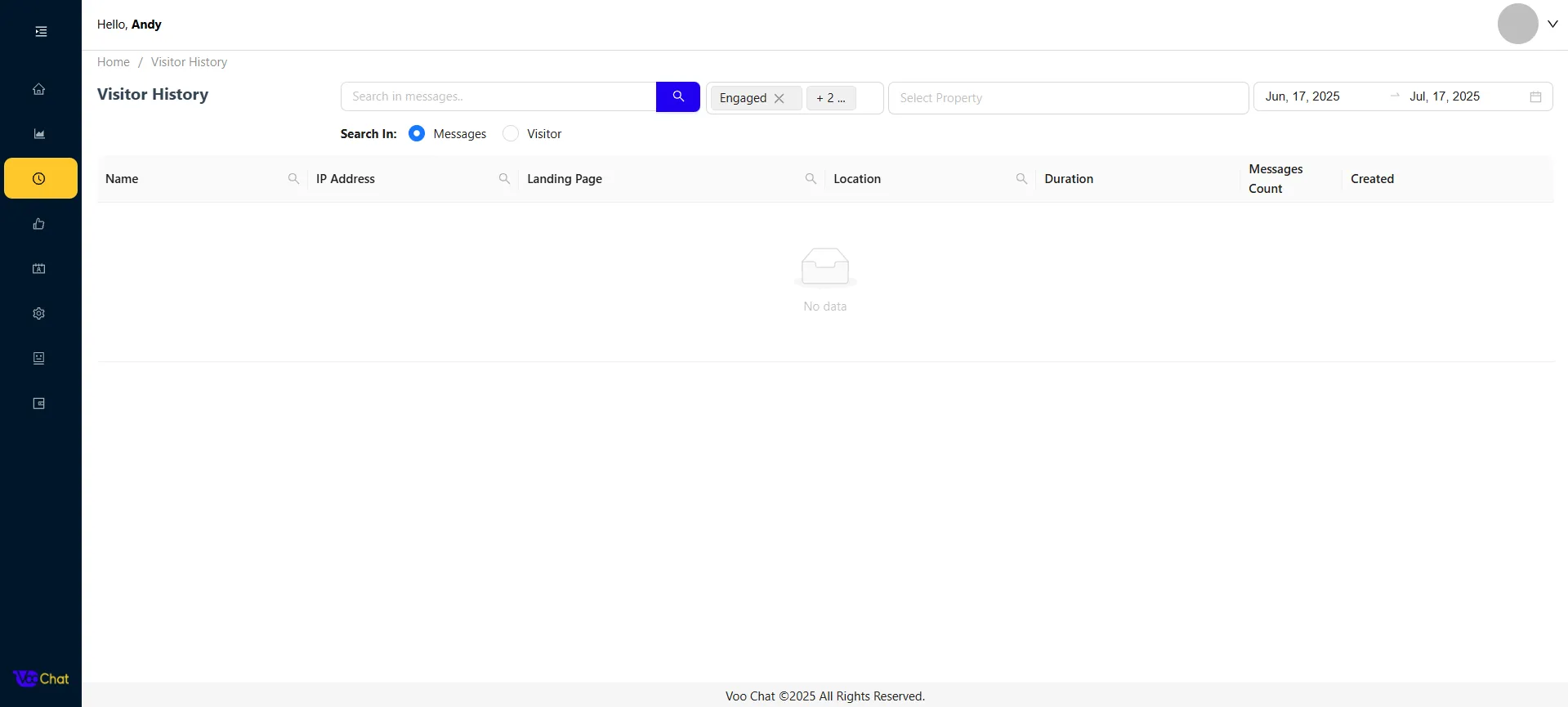 Preview of Visitor History page in VooChat Live Chat Platform