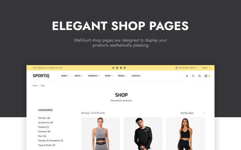 sportiq elegant shop pages wordpress templates preview images