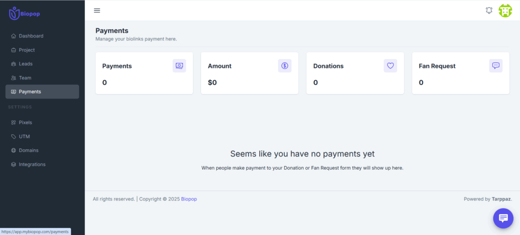 Payment Management In Biopop Link In Bio Tool