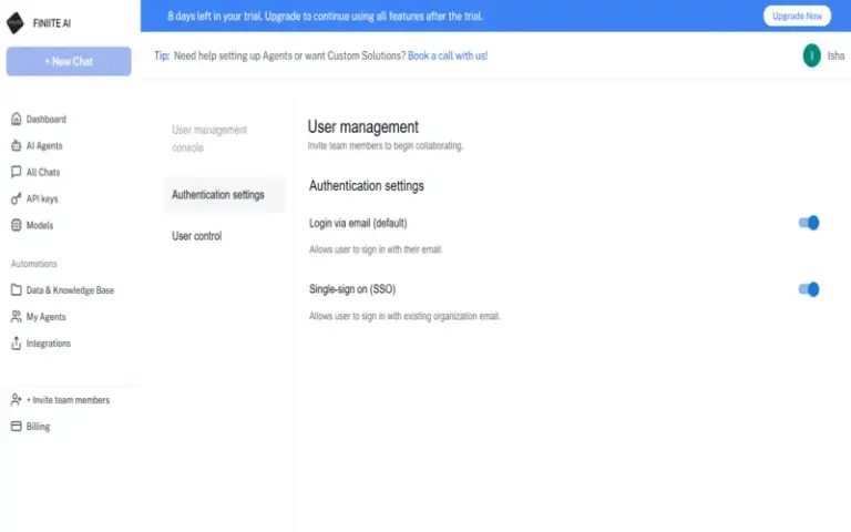 Finiite - Single sign on (SSO) user setting