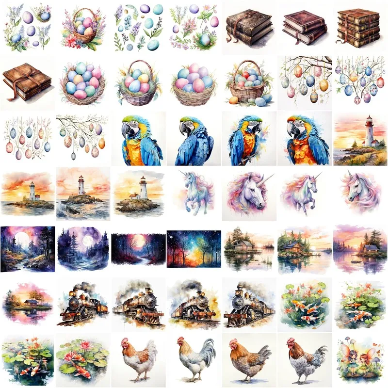 Detailed Watercolor Images of steam locomotives, coastal lighthouses, tropical macaws, and majestic unicorns.