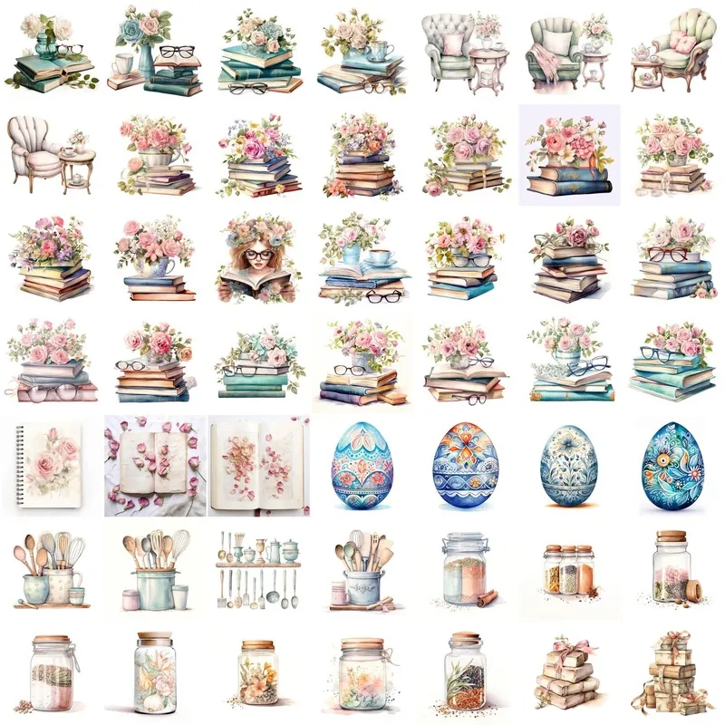 Watercolor Images featuring cozy armchairs, girls reading books, patterned Easter eggs, and kitchen spice jars.