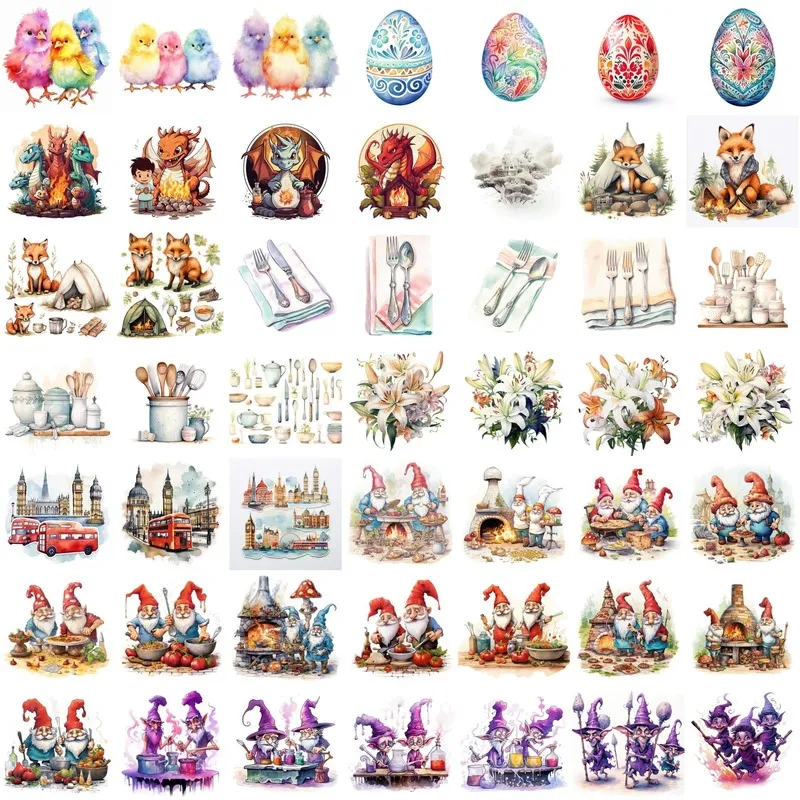 Whimsical Watercolor Images of forest mushrooms, foxes in suits, kitchen mixers, and floral arrangements atop stacks of books.