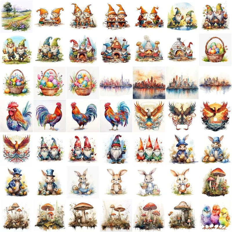 Whimsical Watercolor Images of gnomes baking, colorful roosters, Easter bunnies in suits, and various species of forest mushrooms.