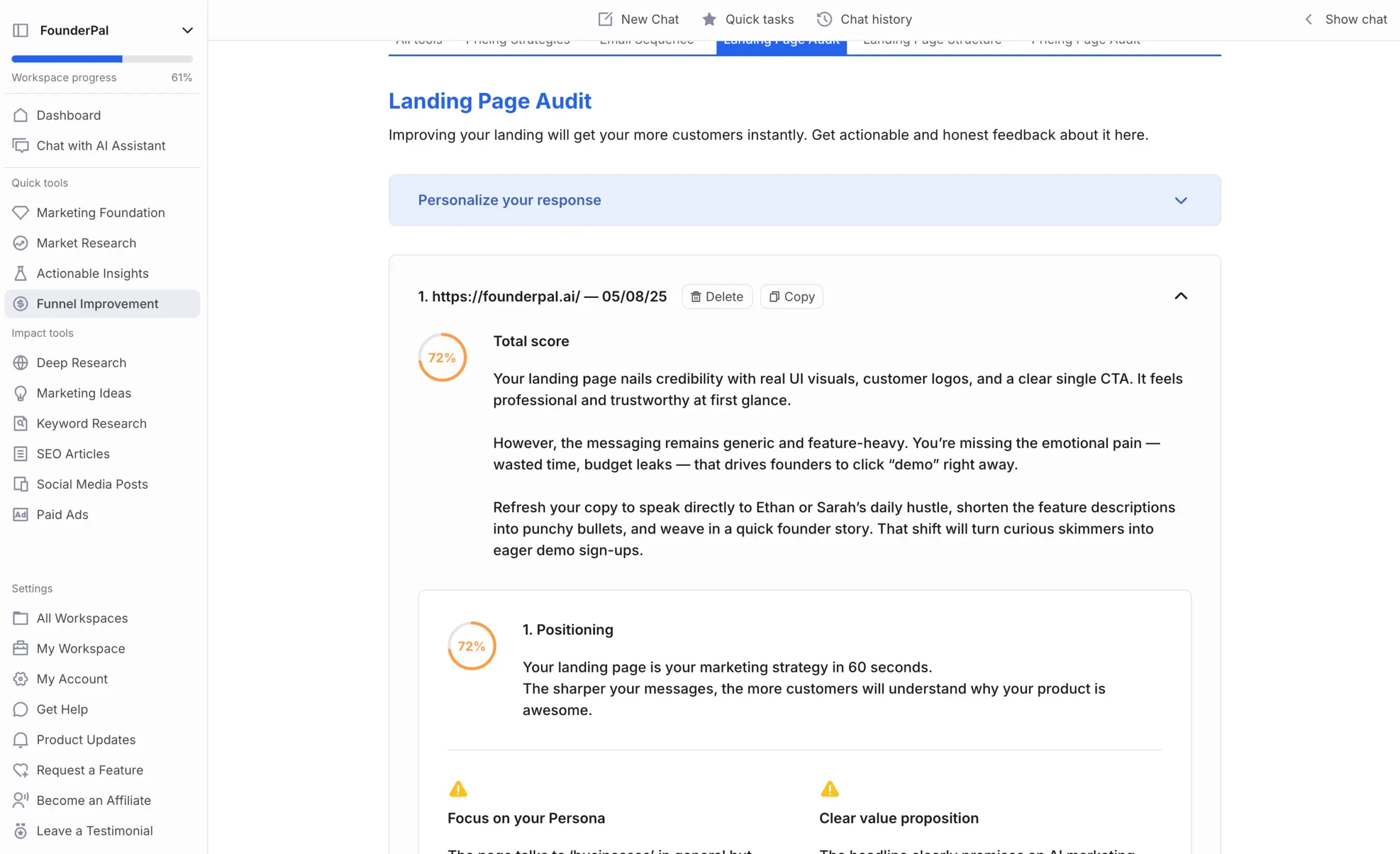 Preview of Landing Page Audit With FounderPal