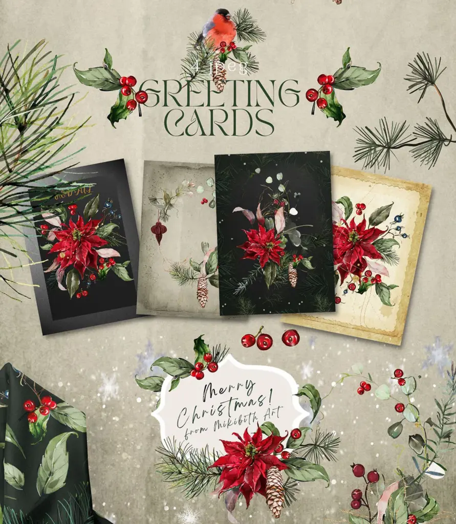 Four different pre-made Christmas greeting cards with poinsettia and pine motifs are shown on a textured background.