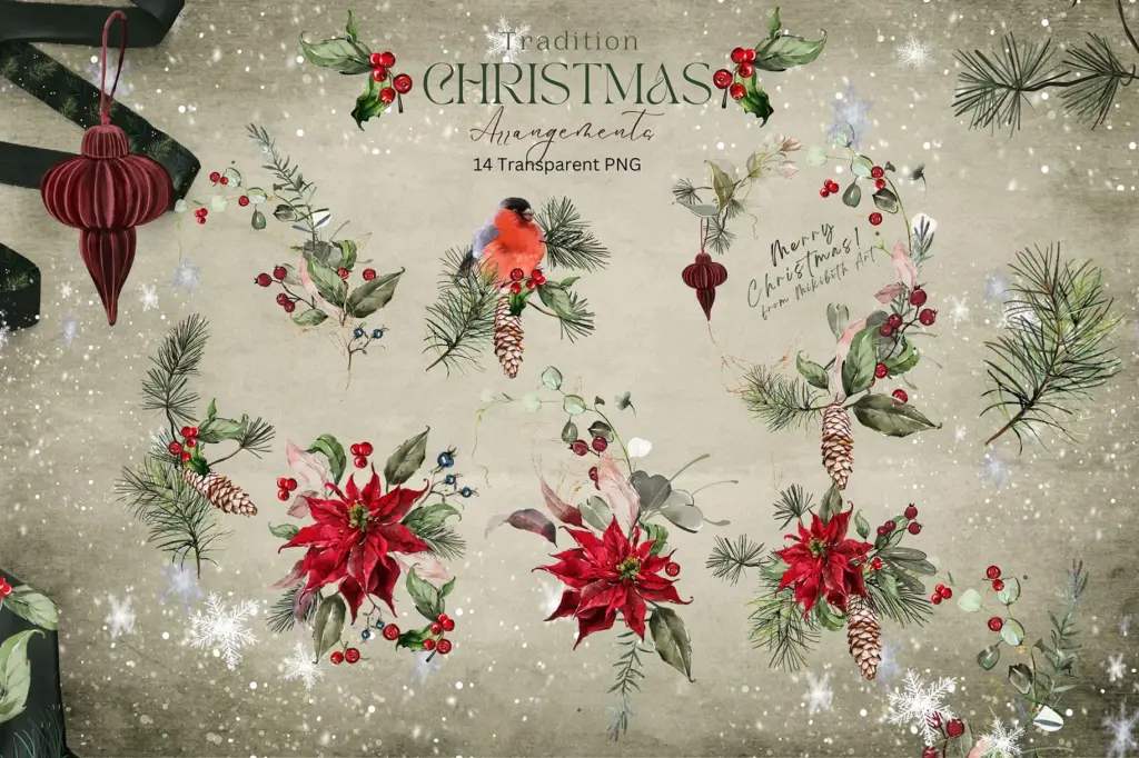 A collection of 14 transparent PNG Christmas arrangements is shown, including poinsettias, pine cones, and a bullfinch bird.