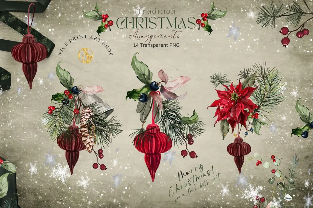 A collection of 14 transparent PNG Christmas arrangements is shown, featuring poinsettias, ornaments, and pine branches.