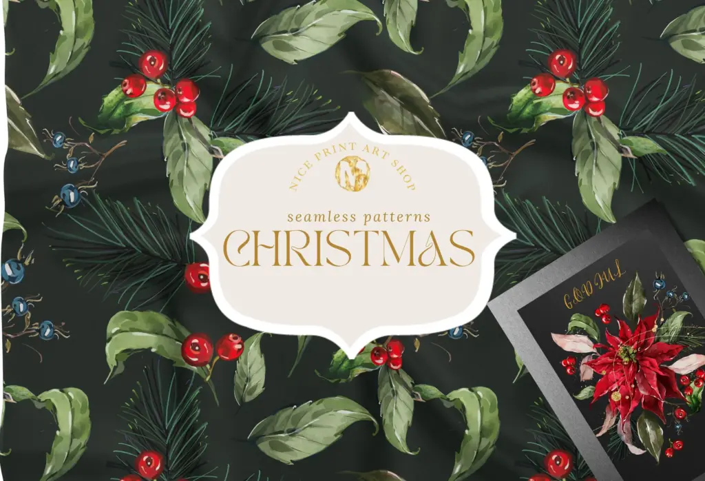 A close-up of a dark seamless pattern with poinsettias, berries, and green leaves is shown, with a card mockup in the corner.